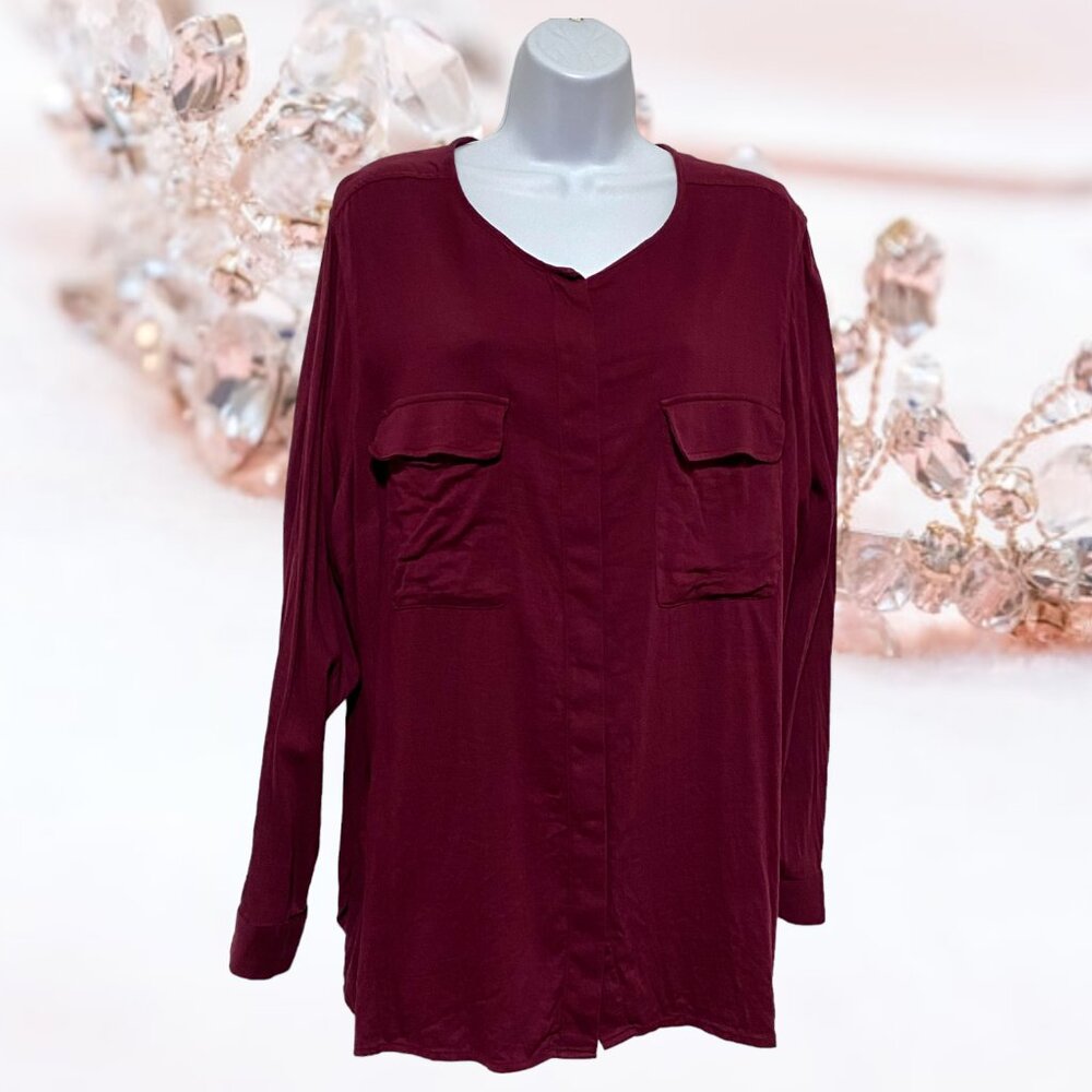 Ava & Viv-Women's 3X Plus Size Burgundy Button Top Long Sleeve V-Neckline